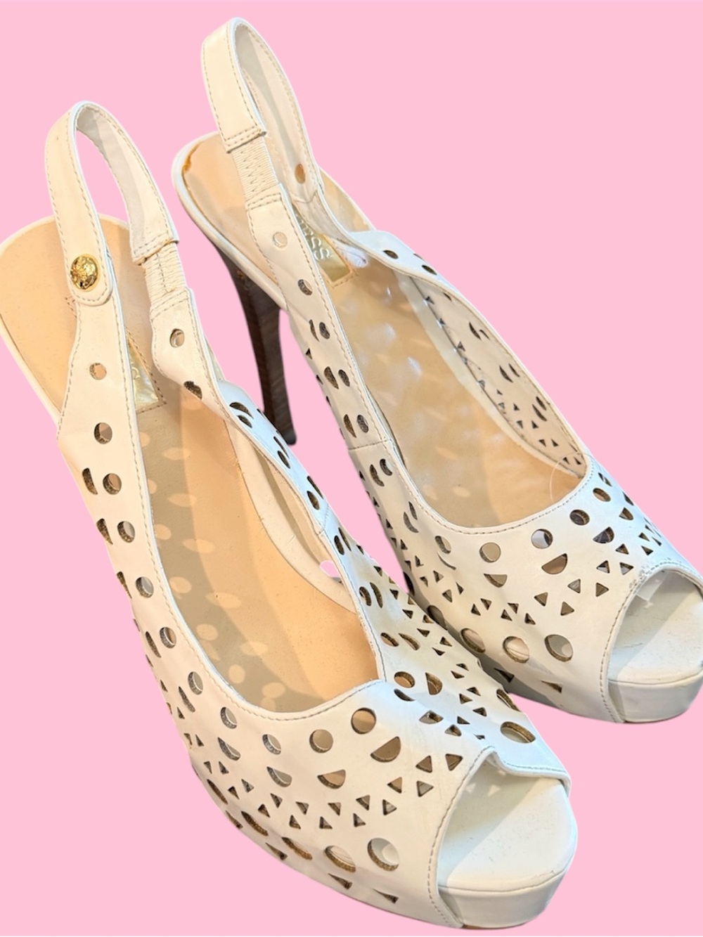 Guess White Laser-Cut Peep-Toe Slingback Heels